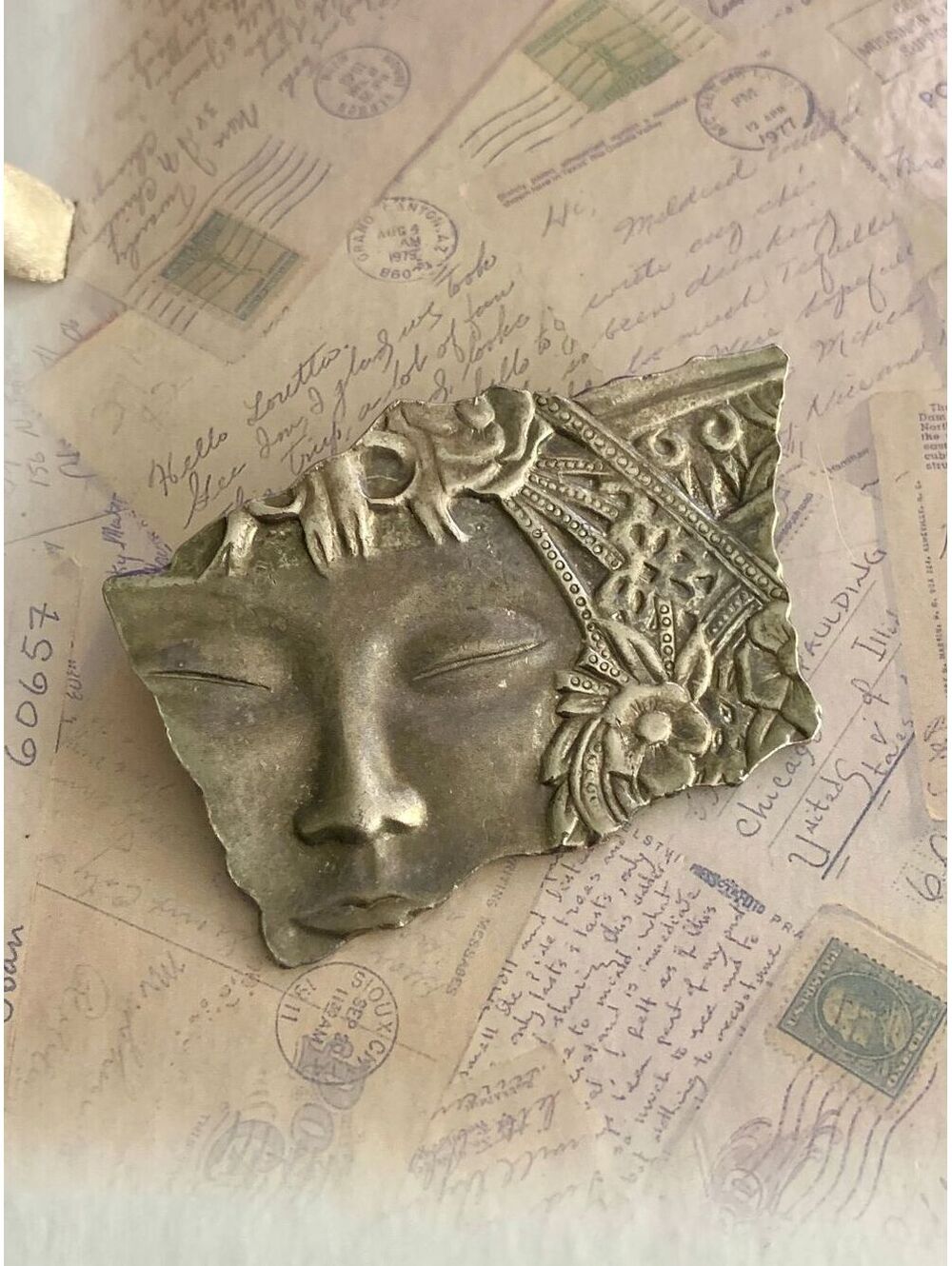 Vintage Unique Artistic Face Brooch with Intricate Floral Design
